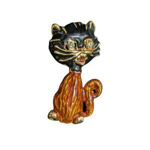 Gold-Tone Enamel Black Cat Pin Brooch Rhinestone Eyes Orange Tail Whimsical Desi